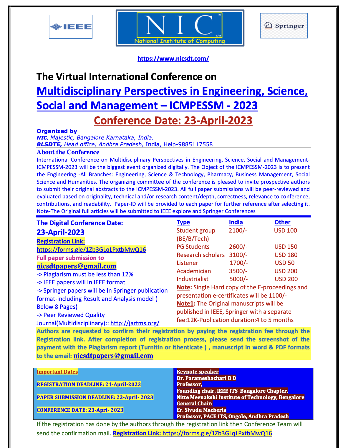 International Conference on Multidisciplinary Perspectives in Engineering, Science, Social and Management – ICMPESSM - 2023